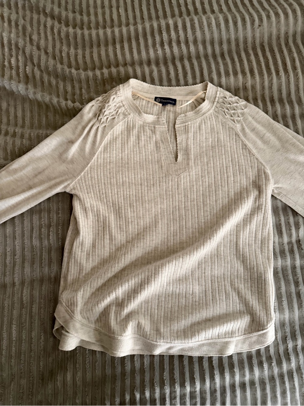 Democracy Cream Ribbed Knit Scoop-Neck Sweater